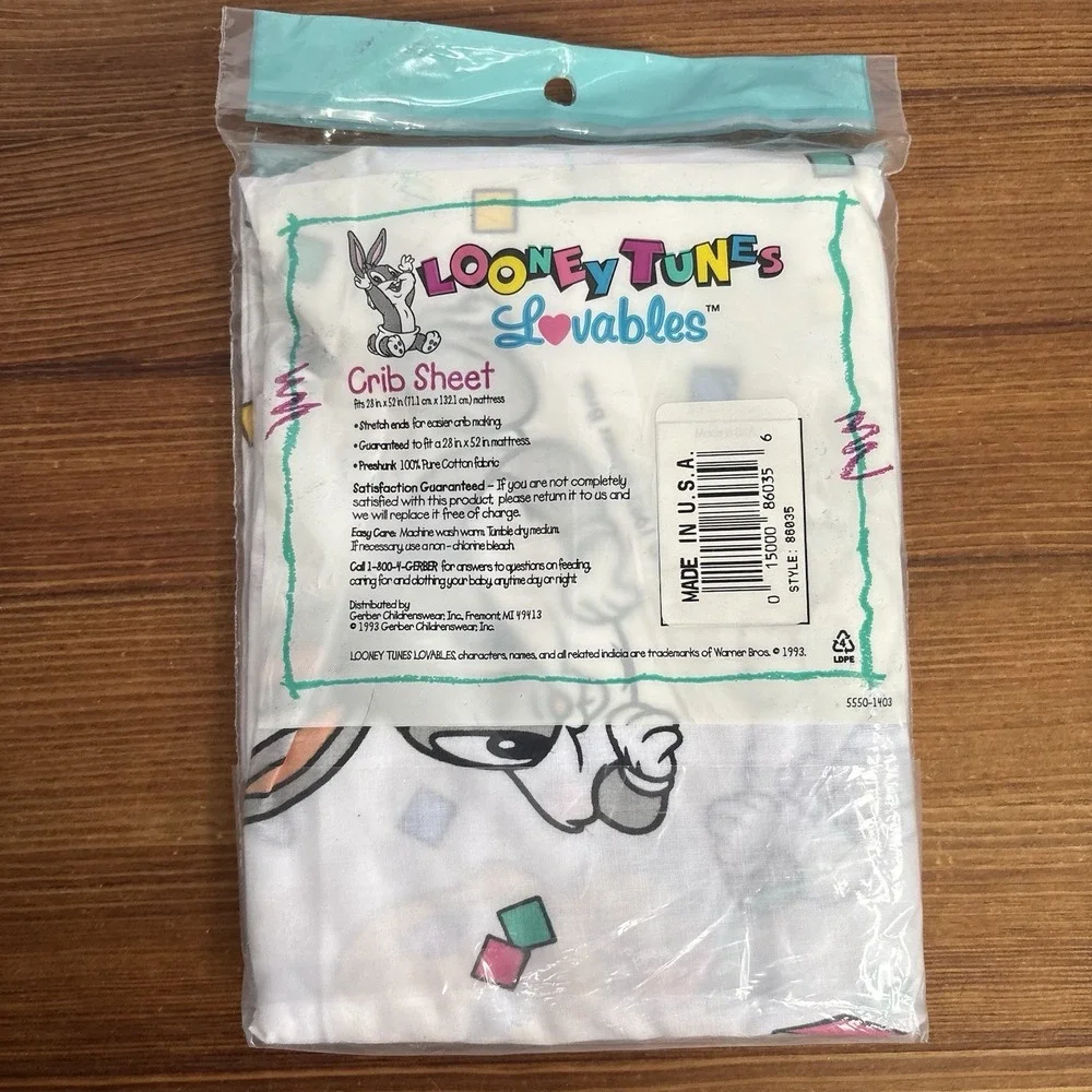 Vintage 1993 Gerber Looney Tunes Lovables Crib Sheet Bugs Tweety NIP Cotton